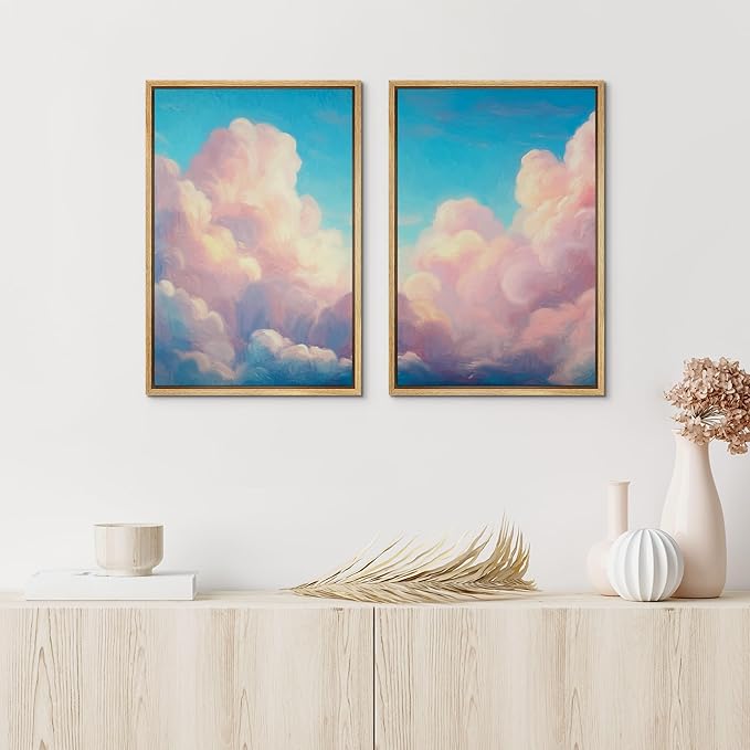 IDEA4WALL Framed Canvas Print Wall Art Set Pastel Sky Cloudscape Dreamy Pink and Blue Clouds Illustrations Modern Art Decorative Coastal Cottage Seascape for Bedroom - 16"x24"x2 NATURAL