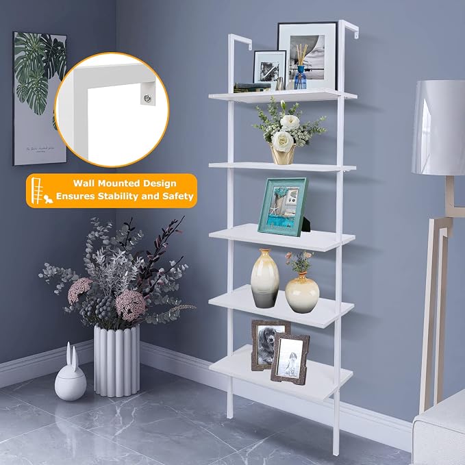 5 Tier Wall Mounted Ladder Shelf, Ladder Bookshelf with Metal Frame and Wood Shelf, Modern Learning Bookcase for Living Room, Bedroom, Office (23.6" W x 11.8" D x 70.8" H, White)