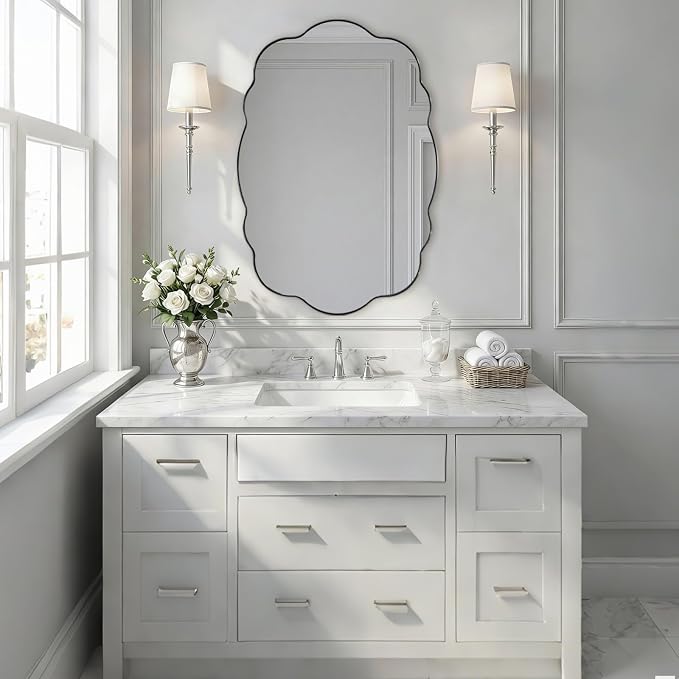 ANDY STAR Brushed Nickel Wavy Oval Bathroom Mirror, 26x38 Inch Silver Scalloped Wall Mirror, Unique Irregular Wall Mirror with Sophisticated Curved Design