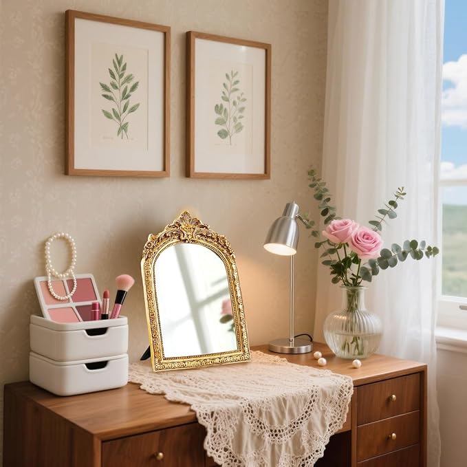 YUSONG Vintage Desk Mirror – 8" Gold Antique Tabletop Mirror with Resin Frame, Decorative Wall Art for Living Room Bedroom Vanity Desk Decor, Birthday Gift