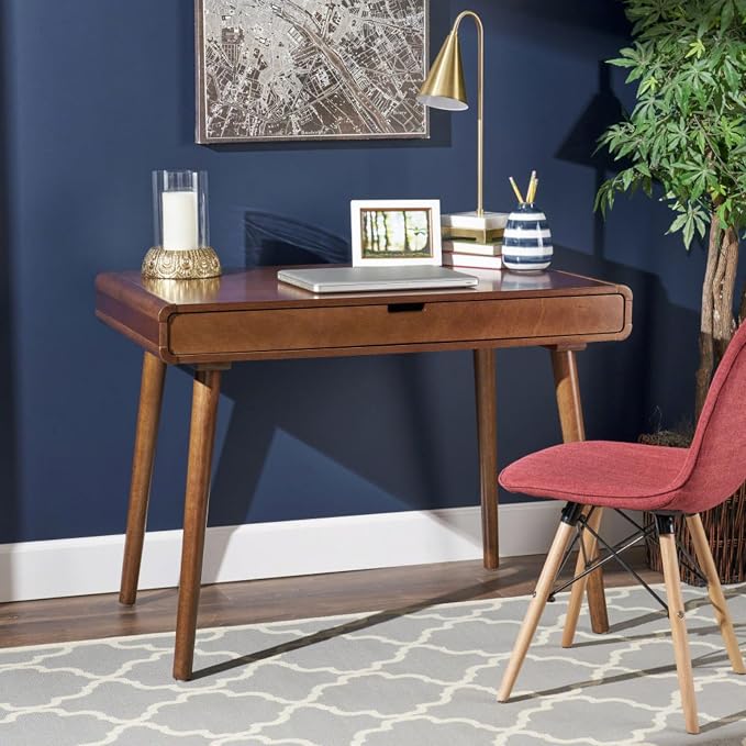 Hassyee Mid-Century Modern Style Writing Desk with Large Drawers, Computer Study Desk with Solid Rubberwood Legs for Home Office Workspace or Entryway (Brown)