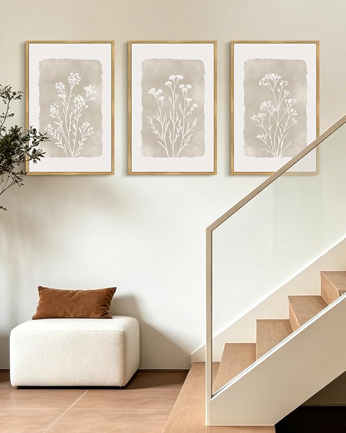 KUVIOKE Boho Botanical Flower Framed Wall Art Farmhouse Vintage Floral Wall Painting Rustic Wildflower Neutral Prints for Living Room Bedroom 16x24in (Natural Framed)