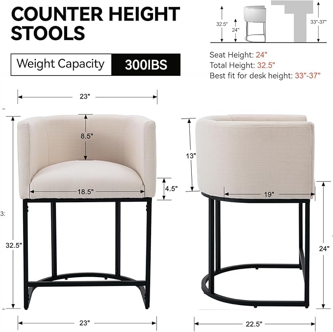 Contemporary Cream Linen Bar Stool, 24" Upholstered Fabric Counter Height Barstool Kitchen Counter Island Stool with Screwed Together Black Metal Base