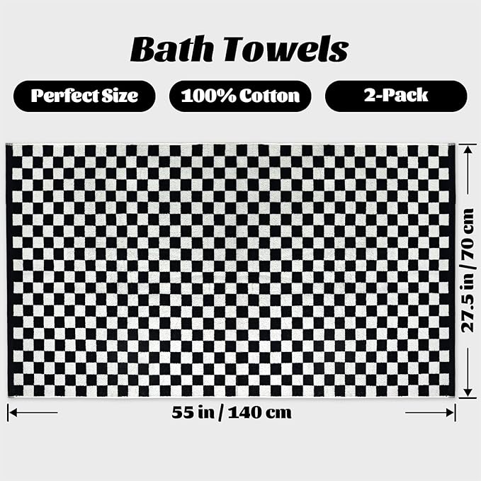 Jacquotha Black and White Checkered Cotton Bath Towels Set of 2 - Cute Aesthetic Towels for Bathroom Decor, Pool, Beach, Spa, 27.5" x 55"