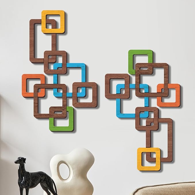 CroBlissful 2 Pcs Wooden Mid Century Modern Wall Art 3D Mid Century Modern Elegance Wall Decor Accents Vintage Abstract Geometric Panels Art for Home Room(Classic Style,bright Color)