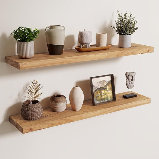 Axeman Floating Shelves for Wall, 8 Inch Deep Rustic Solid Elm Wood Wall Shelves for Storage, Wall Mounted Display Shelving with Invisible Heavy-Duty Metal Bracket, 36'' Width Set of 2, Natural