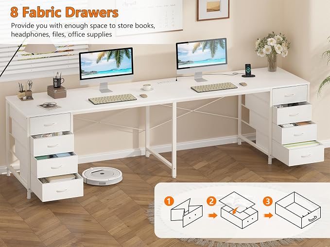 YOMILUVE 95'' Two Person Desk with 8 Drawers, Long Computer Desk with Charging Station, 2 Person Desks Double Desk Writing Study Table for Home Office, White