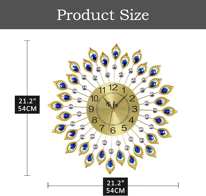 21.2 Inch Gold Large Wall Clocks for Living Room Decor,Elegant 3D Modern Wall Clock with Dial Arabic Numberals Non-Ticking Silent Big Wall Clocks,Diamond Round Home Decoration Kitchen Clocks