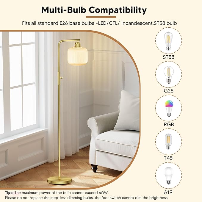 Glass Floor Lamp for Living Room, Modern Standing Lamp with White Glass Lampshade & Brushed Gold, Stepless Dimmable and Rotary Switch, 66” Tall Lamp & Gold Floor Lamp for Bedroom Study Room