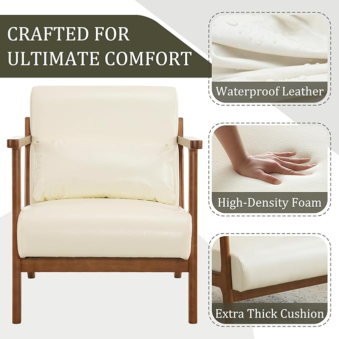 Modern Accent Chair and Ottoman Set, Mid-Century Faux Leather Upholstered Lounge Armchair with Solid Wood Frame & Comfortable Cushion for Living Room, Bedroom, Balcony, Beige