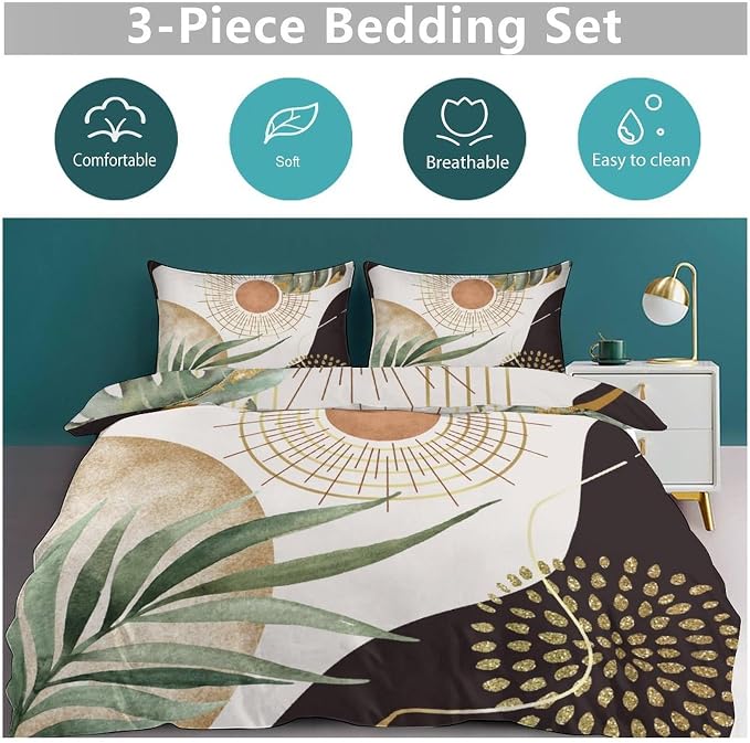 Boho Sunrise Bedding Set,Mid Century Aesthetic Tropical Palm Leaves Abstract Minimalist Comforter Set with Pillowcase for Bedroom Bed Decor,King 102"x90"