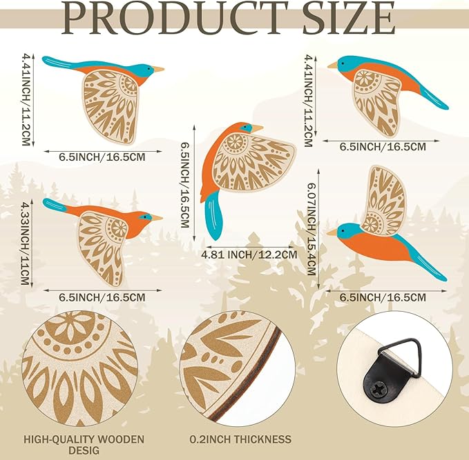 Barydat 5 Pcs Wooden Bird Wall Art Wood Flying Birds Wall Decor Rustic Folk Art Scandinavian Home Decor for Gift Living Room Bedroom Kitchen Office(Teal)