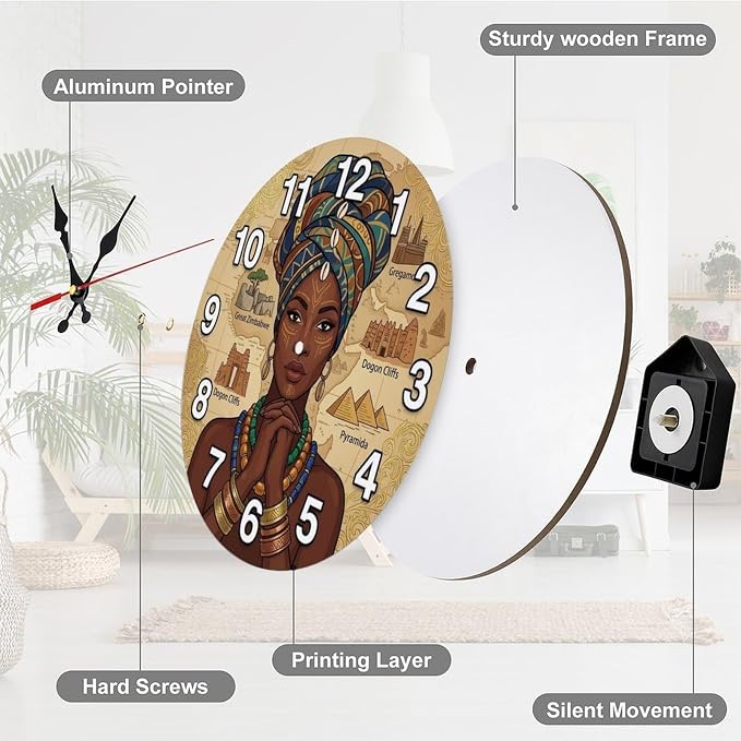 Afrocentric African Map Wooden Wall Clock Silent Non Ticking for Living Room Bedroom Kitchen Office Home Decor Unique Gift 10/12 Inch Frameless