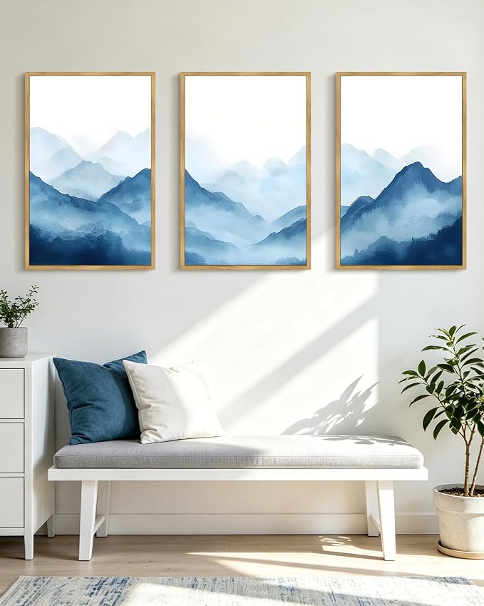 KUVIOKE Blue Watercolor Mountains in Fog Framed Wall Art Wilderness Nature Landscape Painting Rustic Scenic Relax Cool Room Decor for Bedroom Dining Room 24x36in (Natural Framed)