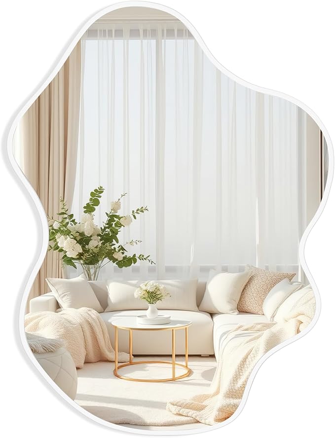Tanmicoshomy White Irregular Wall Mirror 22x30 Inch, White Framed Cloud Shaped Asymmetrical Wavy Mirror with Tempered Glass for Bathroom Bedroom Cloakroom or Entryway