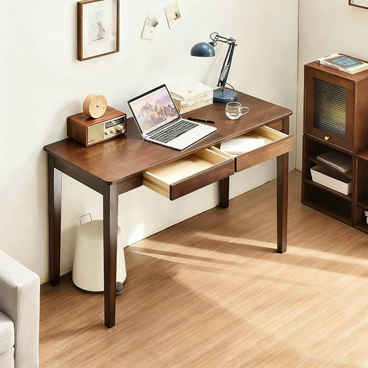 Solid Wood Desk,40" Oak Wooden Desk with Drawers,Mid Century Modern Small Computer Desk with Drawers for Small Spaces Home Office Solid Wood Writing Desk (Walnut Color-2, 40")