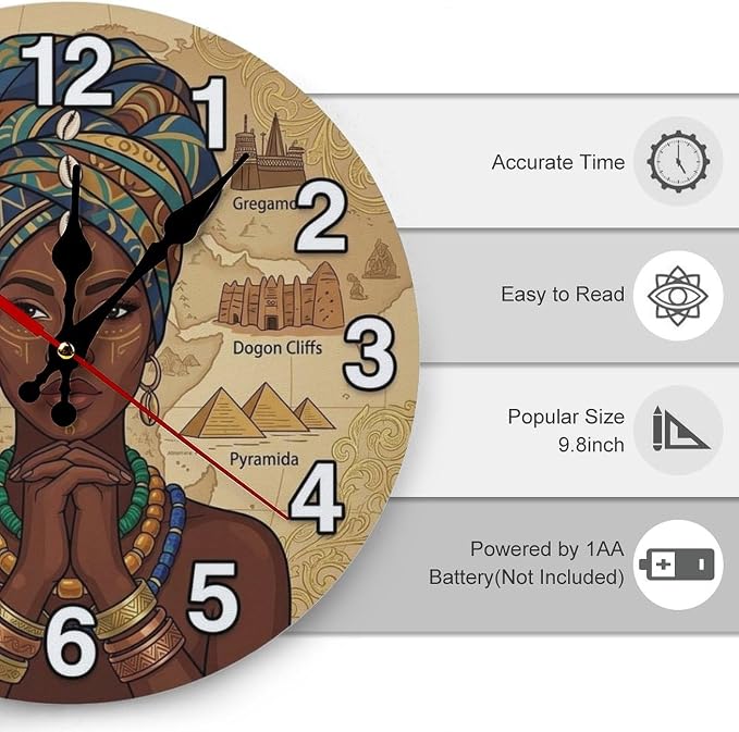 Afrocentric African Map Wooden Wall Clock Silent Non Ticking for Living Room Bedroom Kitchen Office Home Decor Unique Gift 10/12 Inch Frameless