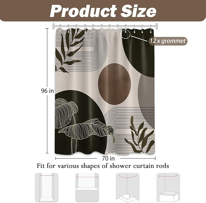 Brown and Beige Shower Curtain Light Brown Tan Taupe Boho Mid Century Modern Shower Curtains for Bathroom Decor MCM Mens Cool Bath Curtain Set, Waterproof Fabric with Hooks 70 x 96 Inch