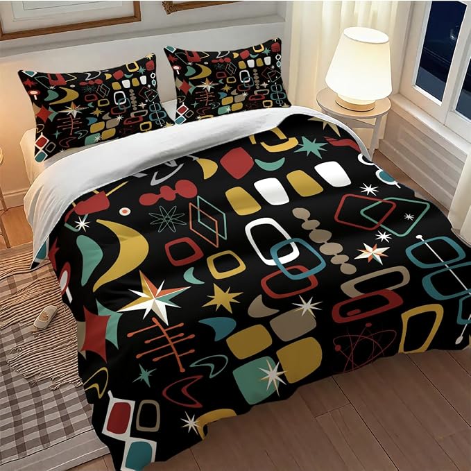 Modern Geometric Comforter Set,Retro Mid Century Colorful Diamond Abstract Geometric Vintage 60s 70s Pattern Bedding Set with Pillowcase for Bedroom Bed Decor,Queen 90"x90"