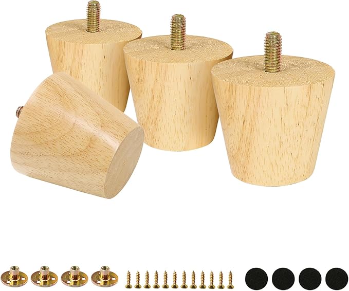 FoDau770 Rubber Wood Furniture Legs 2 Inches, Straight Tapered Wood Feet Mid Century Sofa Legs Set of 4, 5/16" UNC Furniture Feet Replacement Parts for Cabinet Couch Dresser Chair Ottoman Table