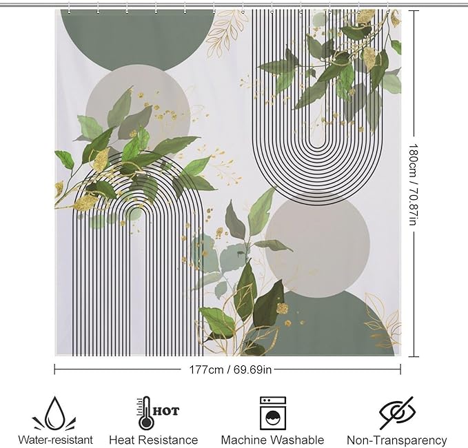 Boho Green Shower Curtain, Mid Century Modern Abstract Gold Leaves Plant Minimalist Bathroom Curtain Polyester Waterproof Fabric Decor 72x72in（183x183cm）