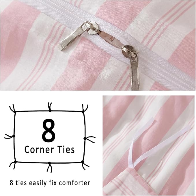 Merryword Pink Striped Duvet Cover Set King Size, 100% Cotton Bedding Set with Zipper Closure & 8 Corner Ties, Awning Stripe Bedding, Soft Breathable Comforter Cover for All Seasons