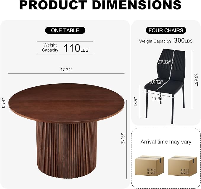 Dining Table Set for 4, 47" Wooden Round Kitchen Table with Linen Fabric Chairs for Kitchen Room and Small Spaces(Walnut Table + 4 Black Chairs)