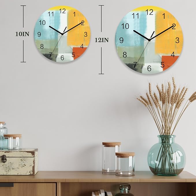 Abstract Painting Art Style Orange Blue Yellow Grey Red Wall Clock Battery Operated Non-Ticking 12" Round Wood Clocks, Kitchen Wall Clock for School Bathroom Living Room Home Office Wall Decor