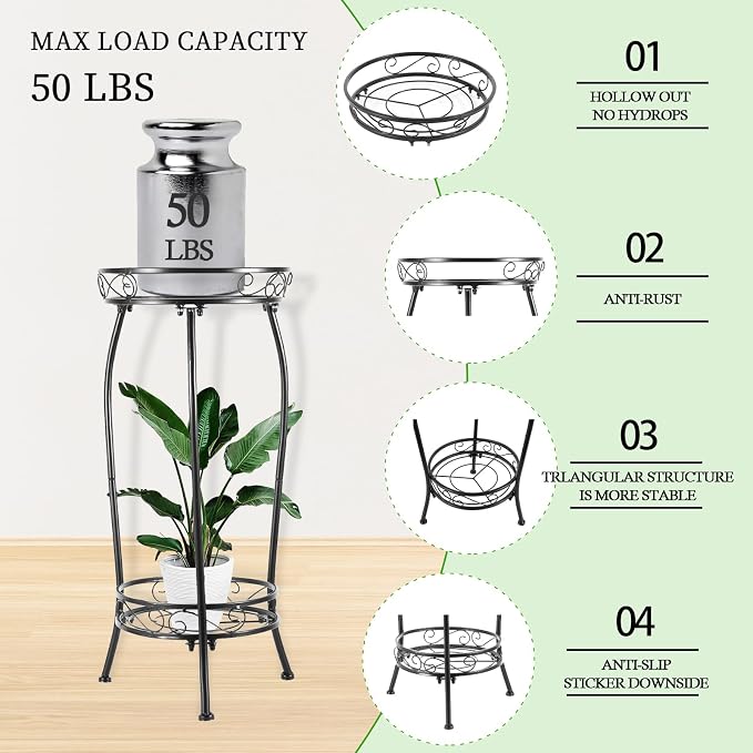 LOYAL TIGER Plant Stand Indoor Outdoor，Tall Black Metal Rustproof Stable Plant Stands，2 Tier 27.1 inch (2PS-Iron)
