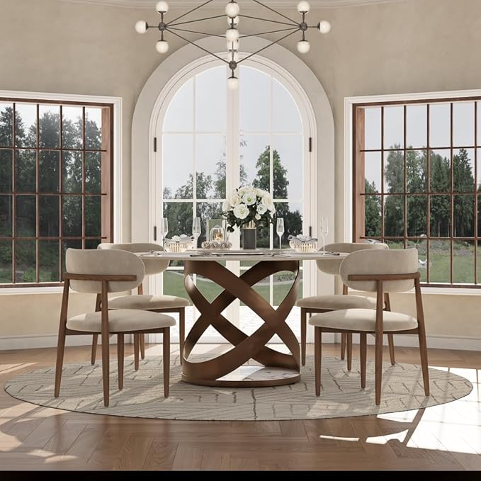 POVISON 51" Modern Round Dining Table with Lazy Susan, White Round Kitchen Table for 4, Sintered Stone Dining Room Table top with Bronze X Carbon Steel Base (Dining Table Only)