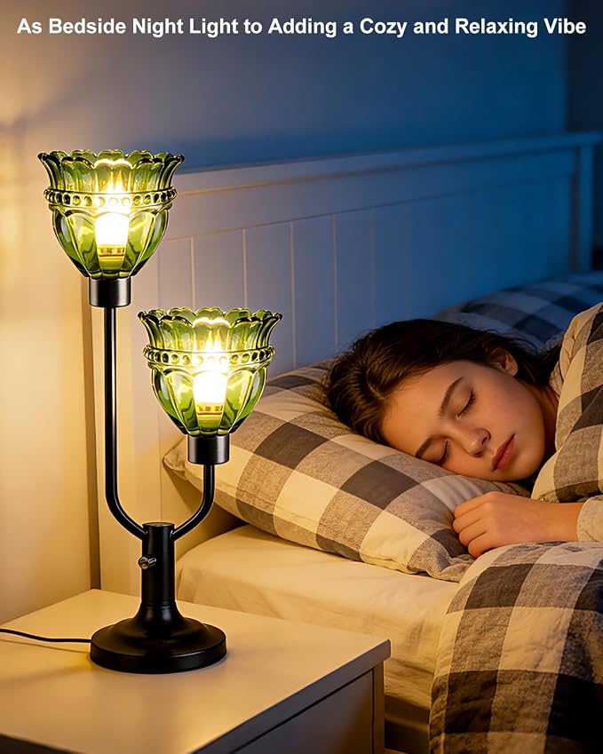 Lightdot Vintage Table Lamp for Bedroom Dimmable Mid Century Modern Black Desk Lamp Green Glass Nightstand Lamp 2 Bulbs Included Warmwhite Ambient Bedside Lamps for Living Room Home Office Decor Gift