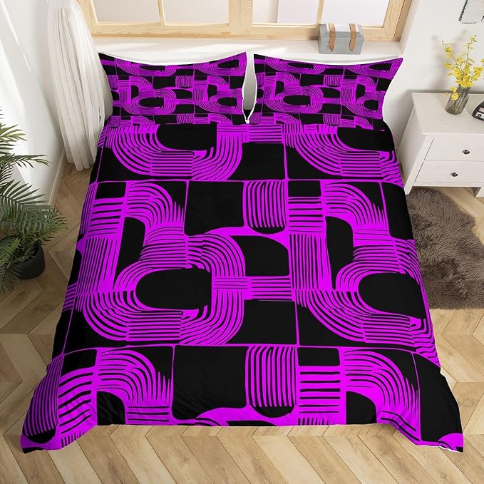 Erosebridal Mid Century Abstract Kids King Bedding Set Bohemian Geometric Comforter Cover for Boys Teens Adult Modern Aesthetics Striped Duvet Cover 3-Piece Boho Minimalist Stripes Bed Sets
