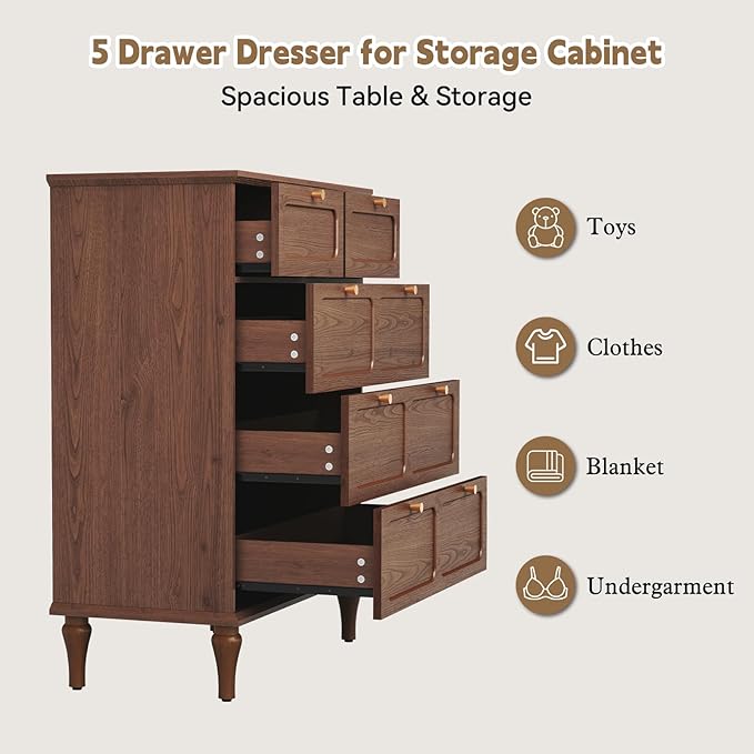 ARTPOWER 5 Drawers Dresser for Bedroom, 40" Tall Wood Mid Century Modern Chest of Drawers, Closet Clothes Storage Organizer for Living Room, Hallway, Entryway, Brown