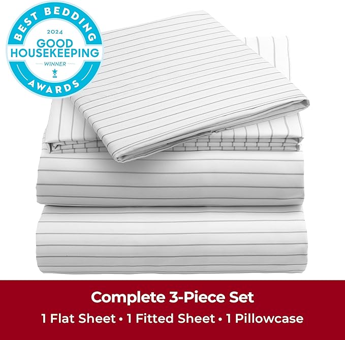 Mellanni Twin XL Sheets Set - 3 PC Iconic Collection Bedding - Hotel Luxury, Extra Soft, Cooling Bed Sheets - Wrinkle, Fade, Stain Resistant (Twin Extra Long, Pinstripe Gray)