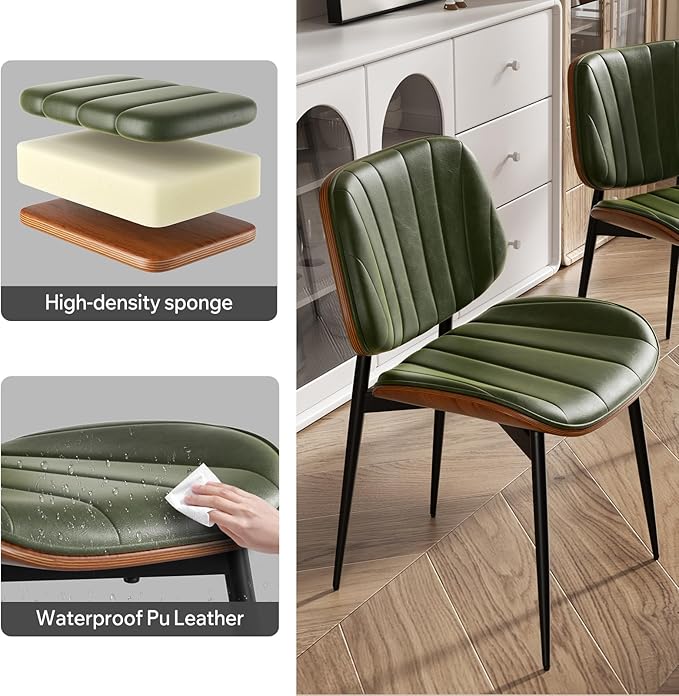 Dining Chairs Set of 2, Mid Century Modern Dining Room Chair, Upholstered Faux Leather Kitchen Chairs with Walnut Bentwood Back and Metal Legs for Kitchen Dining Living Room, Green