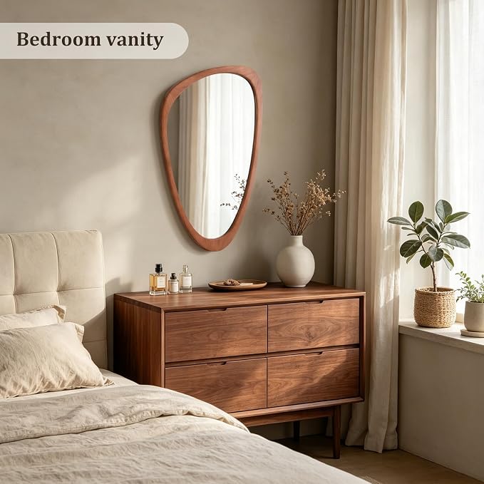 HOMECOOKIN 30.5" H x 19.5" W Asymmetrical Mirror, Irregular Wooden Wall Mirror for Bedroom, Living Room,Entryway– Mid-Century Modern Decorative Mirror, Solid Wood Frame, Pebble Shaped Design (Walnut)