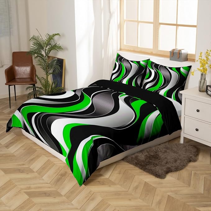 Erosebridal Geometric Wavy Lines Duvet Cover Queen for Kids Teens Adults,Minimalist Abstract Art Comforter Cover,Modern Aesthetic Bedding Set,Green Grey Black Bed Set with 2 Pillowcases Bedroom Decor