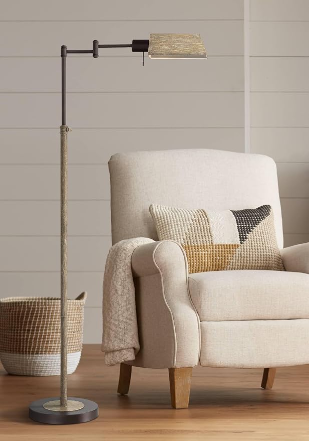 Regency Hill Jenson Rustic Farmhouse Pharmacy Floor Lamp Standing with USB Charging Port 54" Tall Bronze Faux Wood Adjustable Swing Arm for Cottage Core Living Room Reading Bedroom Office House Home