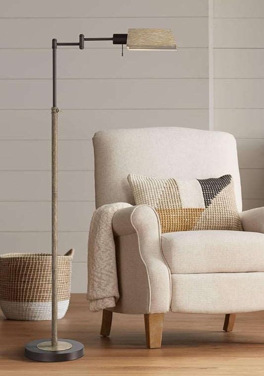 Regency Hill Jenson Rustic Farmhouse Pharmacy Floor Lamp Standing with USB Charging Port 54" Tall Bronze Faux Wood Adjustable Swing Arm for Cottage Core Living Room Reading Bedroom Office House Home