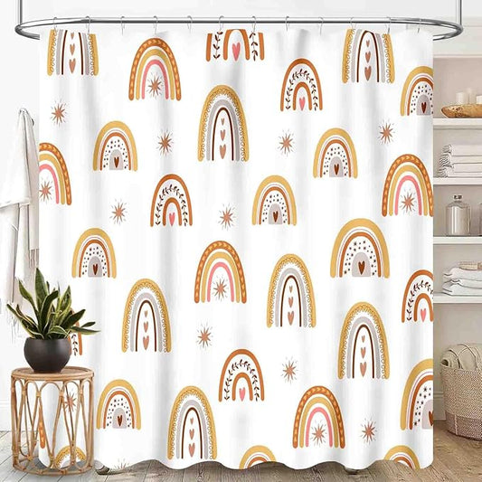 Rainbow Shower Curtain, Boho Pastel Cute Cartoon Aesthetic Bohemian Art Printed Beige for Kids Girls Baby Waterproof Fabric Bathroom Shower Curtain Set with Hooks, 72"x78" Inch