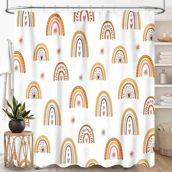 Rainbow Shower Curtain, Boho Pastel Cute Cartoon Aesthetic Bohemian Art Printed Beige for Kids Girls Baby Waterproof Fabric Bathroom Shower Curtain Set with Hooks, 72"x84" Inch