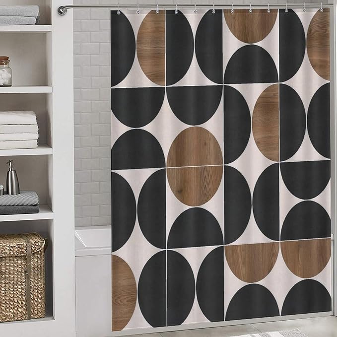 Mid Century Circle Patterned Shower Curtains Modern Black Brown Wood Board Texture Washable Waterproof Fabric for Bathroom Decor Bathtub with 12 Hooks 66x72in（168x183cm）