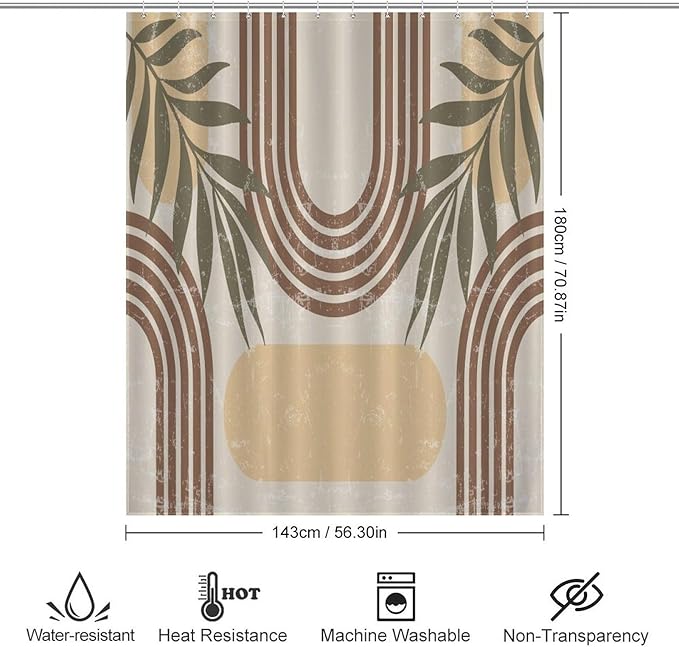 Mid Century Boho Arch Shower Curtains Abstract Geometric Modern Aesthetic Rainbow Leaves Sun Washable Waterproof Fabric for Bathroom Decor Bathtub with 12 Hooks 55x72in（140x183cm）