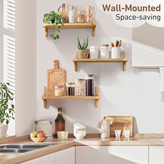 Wooden Floating Shelves for Wall, 15.7" W x 5" D x 0.6" H Large Wall Shelves, Hanging Storage Shelf with Sturdy Brackets for Living Room, Kitchen, Bathroom, Bedroom Decor, Natural, 3 Packs