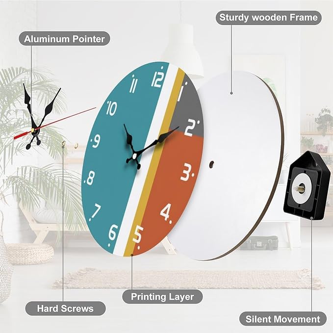 Mid-Century Modern Geometric Wooden Wall Clock Silent Non Ticking | Frameless Battery Operated Decor for Living Room, Kitchen, Bedroom, Office, Gift