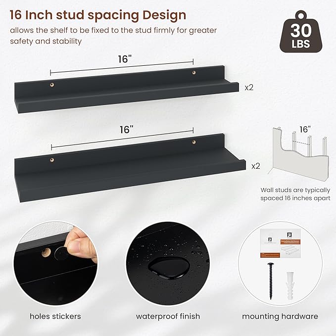 Axeman Picture Ledge Shelf | 24 Inch Black Floating Shelves Set of 4 | Rustic Wood Wall Shelves with Lip | 24" Black Picture Shelves for Wall with Ledge | Photo Shelves
