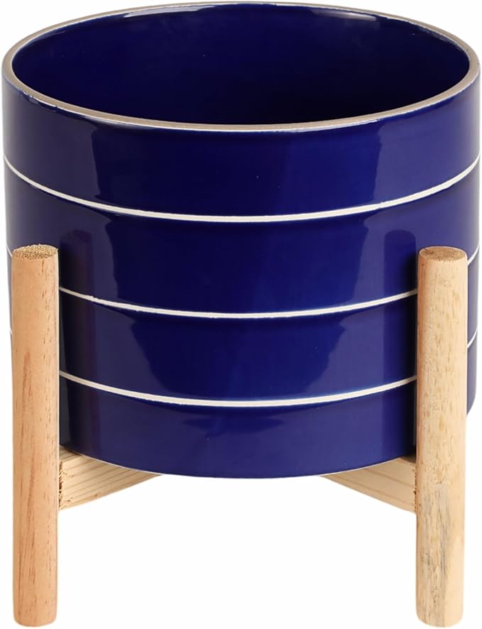 Striped Ceramic Planters with Wooden Stand for Home Decor Flower Pots for Entryway, Patio, Tabletop, and Garden - Colorful Decorative Pots for Indoor and Outdoor Plants - 9", Blue & Tan