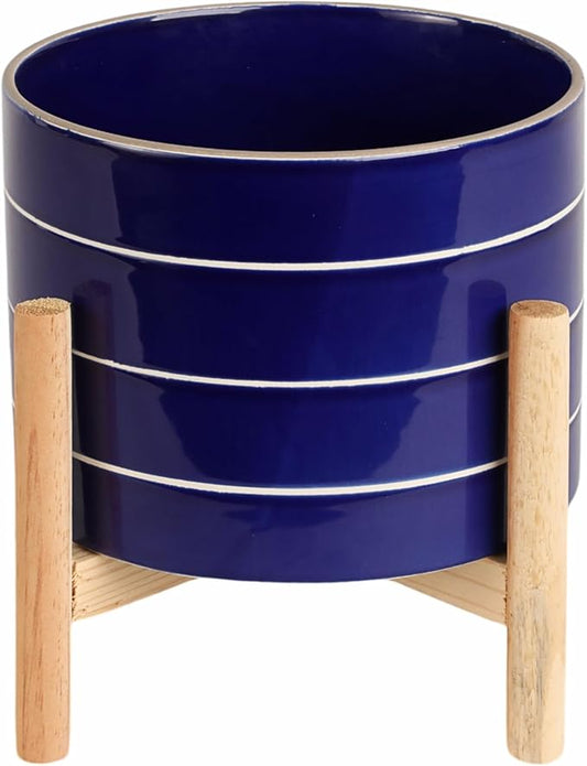 Striped Ceramic Planters with Wooden Stand for Home Decor Flower Pots for Entryway, Patio, Tabletop, and Garden - Colorful Decorative Pots for Indoor and Outdoor Plants - 9", Blue & Tan
