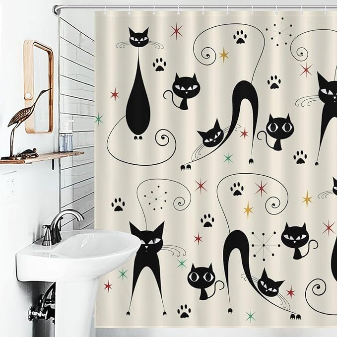 Mid Century Modern Shower Curtain,Retro Atomic Cat Star Paw Print Retro Abstract Geometric 1960s Fabric Bathroom Decor Curtains with Hooks 66x72in（168x183cm）