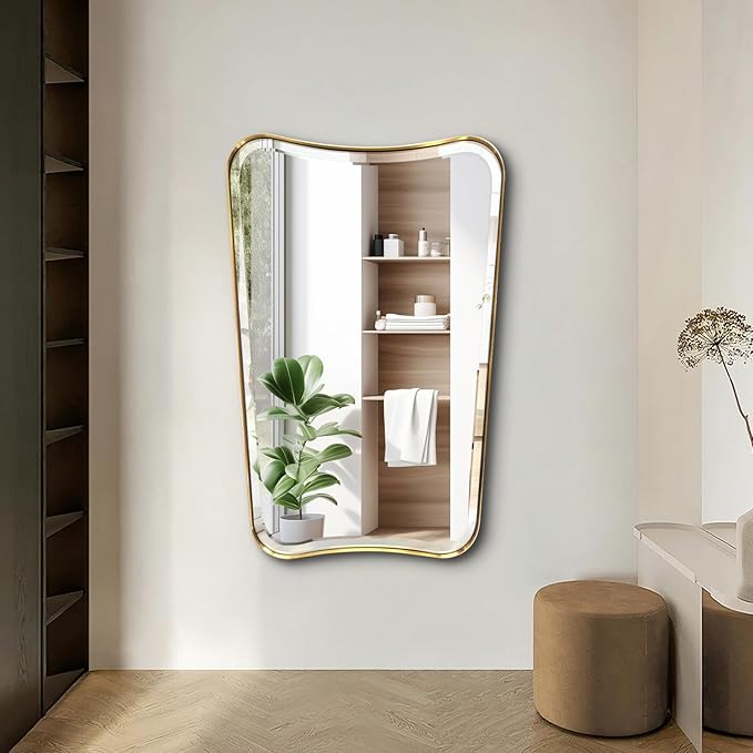 POZINO Brushed Gold Vanity Mirror, 24"x36" Modern Beveled Bathroom Mirror, Irregular Shaped Mirrors in Stainless Steel Frame, Brass Rectangle Wall Mirrors for Bedroom Living Room Entryway